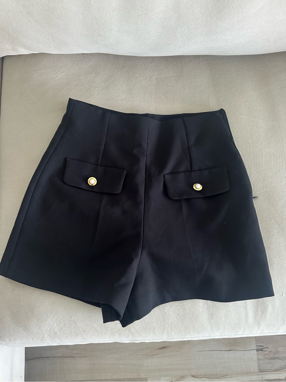 Like New Sandro Black High-Waist Tailored Shorts with Gold Buttons